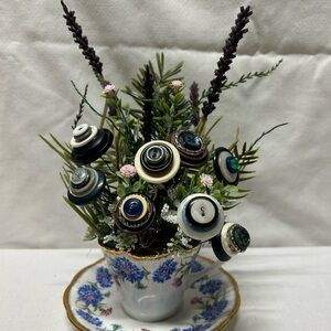 Floral Button Bouquet Display in Salisbury Porcelain Teacup/Saucer Home Decor